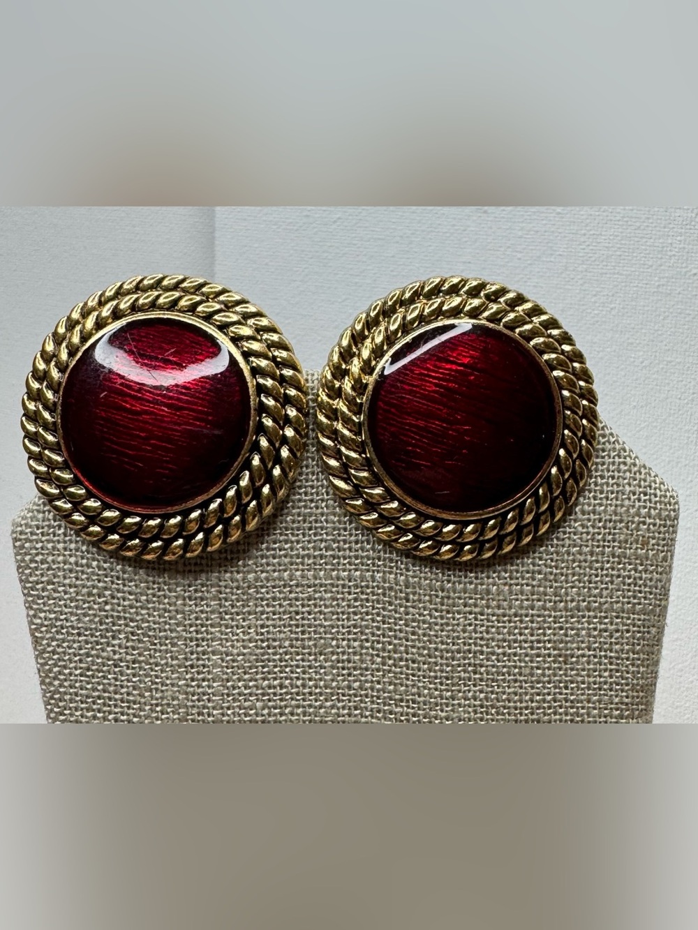 Gold-Tone Red Enamel Round Button Earrings